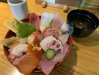 High angle view of sushi served on table