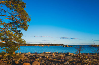 Scenic view of sea against clear blue sky