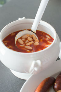 High angle view of soup in bowl on table