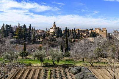 Panoramic view of trees and buildings against sky