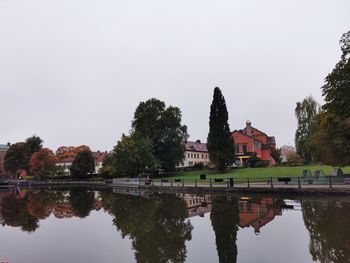 Reflection of buildings and trees in lake against sky
