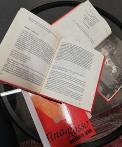 High angle view of text on book