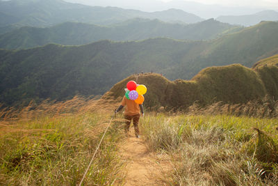 Rear view of man walking on mountain