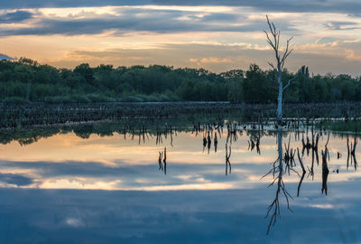 Scenic view of lake against sky at sunset