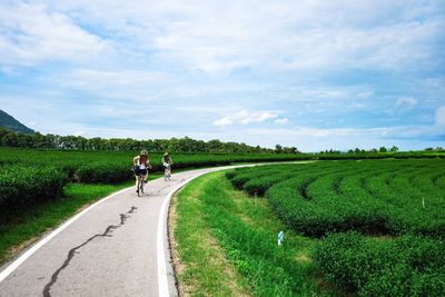 Rear view of girls cycling on road amidst fields