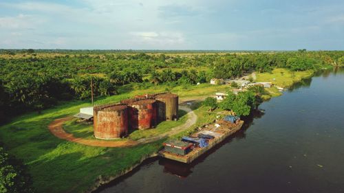 High angle view of plants by river against sky