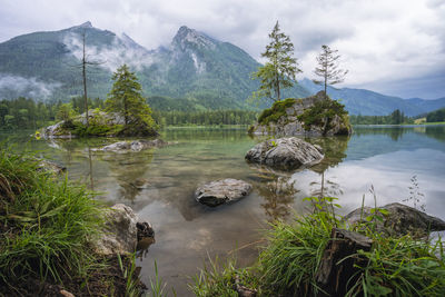 Scenic view of lake and mountains against sky