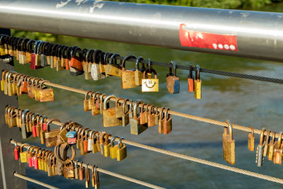 Close-up of padlocks hanging on railing