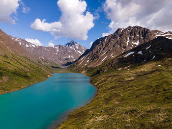 Scenic view of lake and mountains against sky