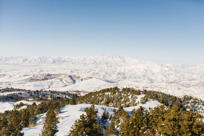 Panorama of the tien shan mountains covered with snow in sunny weather. winter landscape 