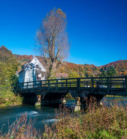 Scenic view of lake against clear blue sky