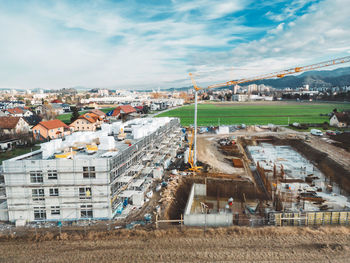 High angle view of cityscape against sky