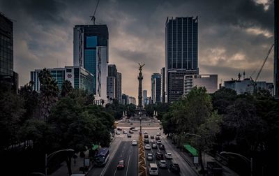 Panoramic view of city street and buildings against sky