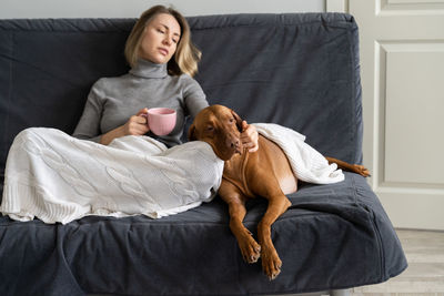 Full length of dog sitting on sofa at home