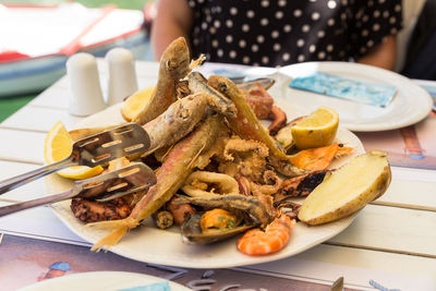 High angle view of seafood in plate on table