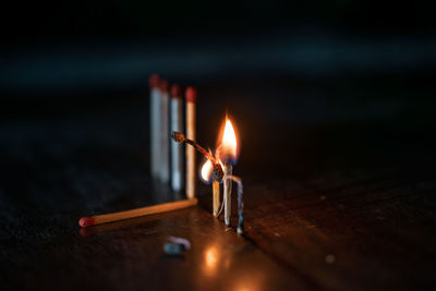 Close-up of lit candles on table