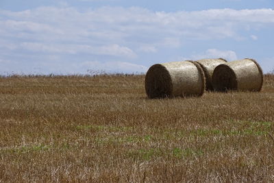 Straw bales against a white-blue sky