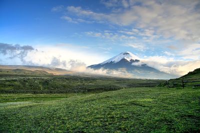 Scenic view of grassy field against cloudy sky