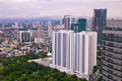 High angle view of buildings in city against sky