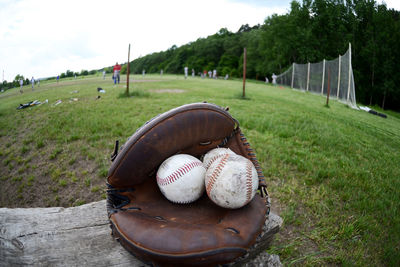 Close-up of baseball glove and ball on playing field