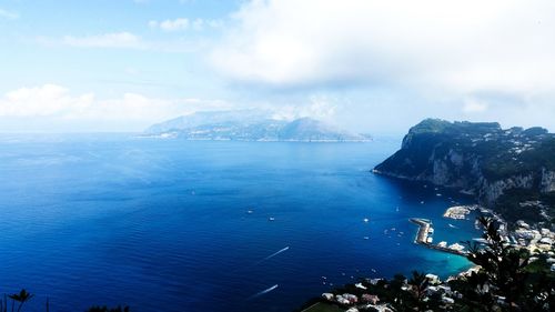 High angle view of bay against sky