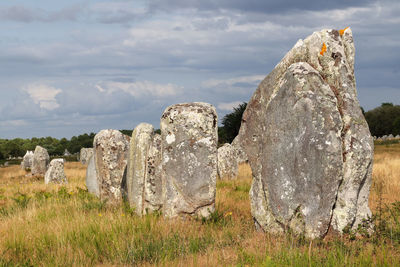 Rock formations on field against sky