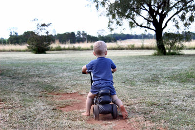 Rear view of boy sitting on grass against trees