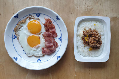 High angle view of breakfast served on table