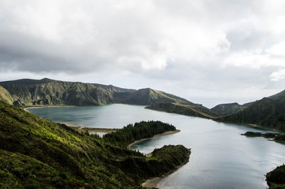 Scenic view of lake and mountains against sky