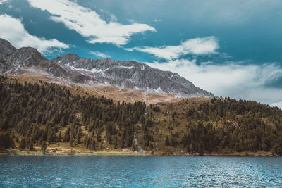Scenic view of sea by mountains against sky