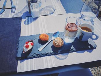 High angle view of dessert on table