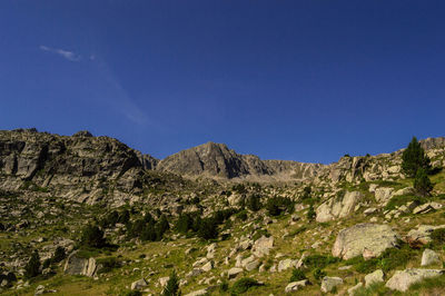 Scenic view of rocky mountains against clear blue sky