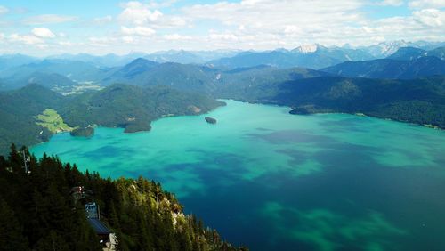 Scenic view of sea and mountains against sky