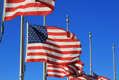 Low angle view of flag against clear blue sky