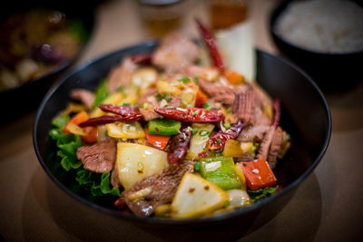 High angle view of food in bowl on table