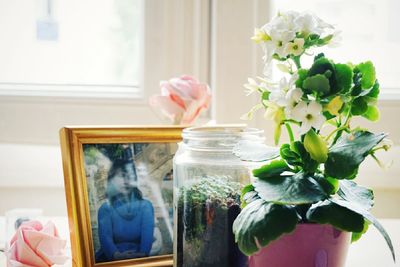 Close-up of flower vase on window sill