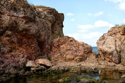 Rock formations in water against sky