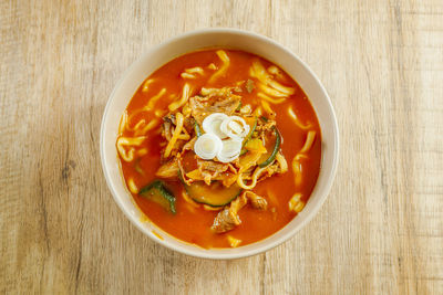 High angle view of soup in bowl on table