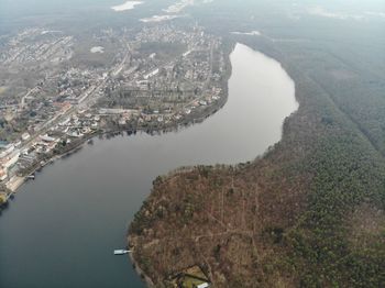 High angle view of city by sea