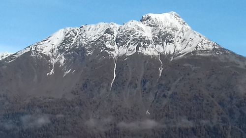 Low angle view of snowcapped mountains against sky
