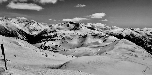 Scenic view of snow covered mountains against sky