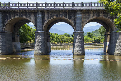 Bridge over river with mountain view behind it