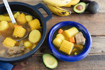 High angle view of fruits in bowl on table