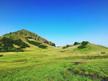 Scenic view of mountains against blue sky