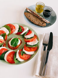High angle view of breakfast on table