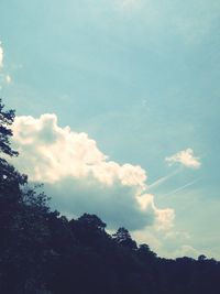 Low angle view of trees against cloudy sky