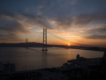 Suspension bridge over sea during sunset