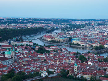 High angle view of buildings in city against sky