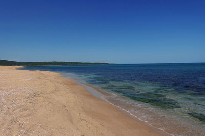 Scenic view of beach against clear blue sky