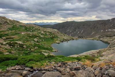 Scenic view of lake and mountains against sky